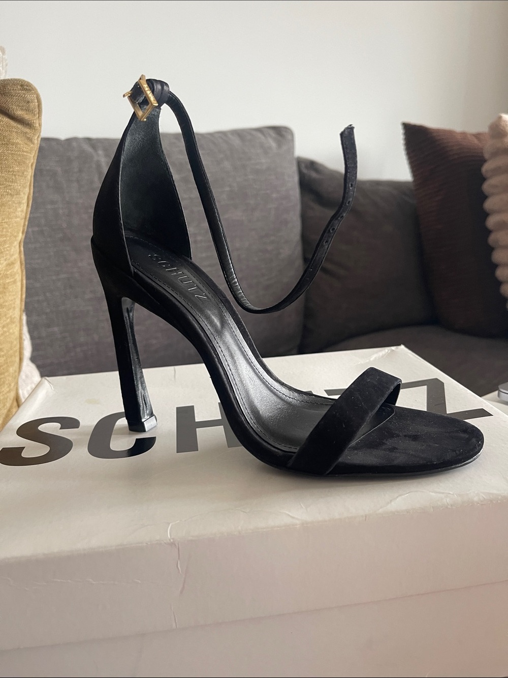 SCHUTZ Black Suede Stiletto Sandals with Gold Buckle
